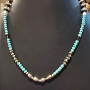 Southwestern Vintage Navajo Style Sterling Silver Turquoise Onyx Necklace